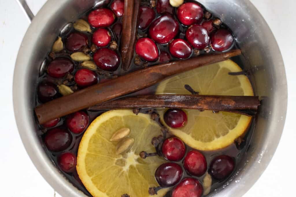 Looking down into a pot of stovetop potpourri.