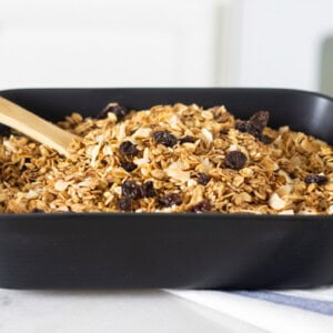 A baking dish full of honey granola.