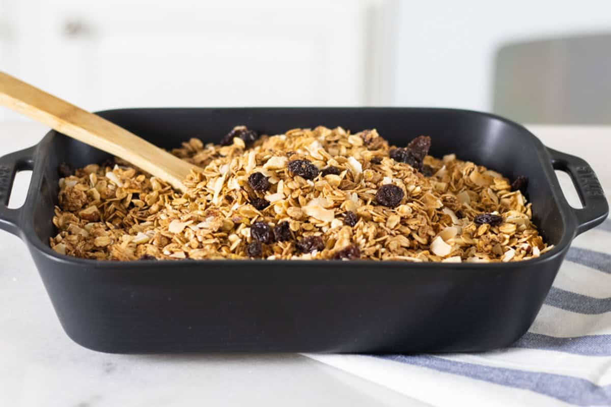 A baking dish full of honey granola.