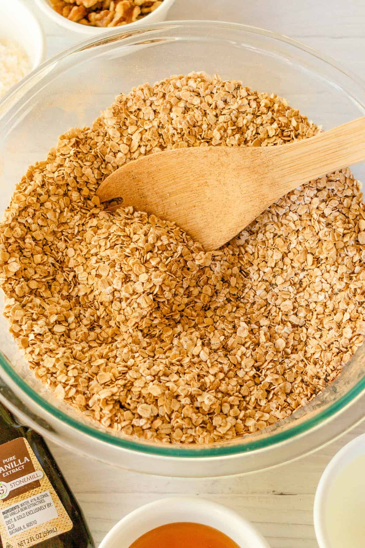 Mixing the dry ingredients in a glass bowl.