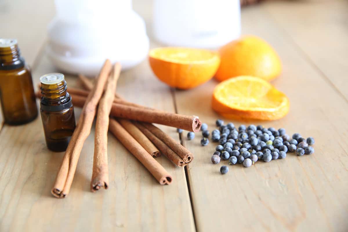 Cinnamon sticks, orange slices, and berries sitting on a wooden table with essential oils.