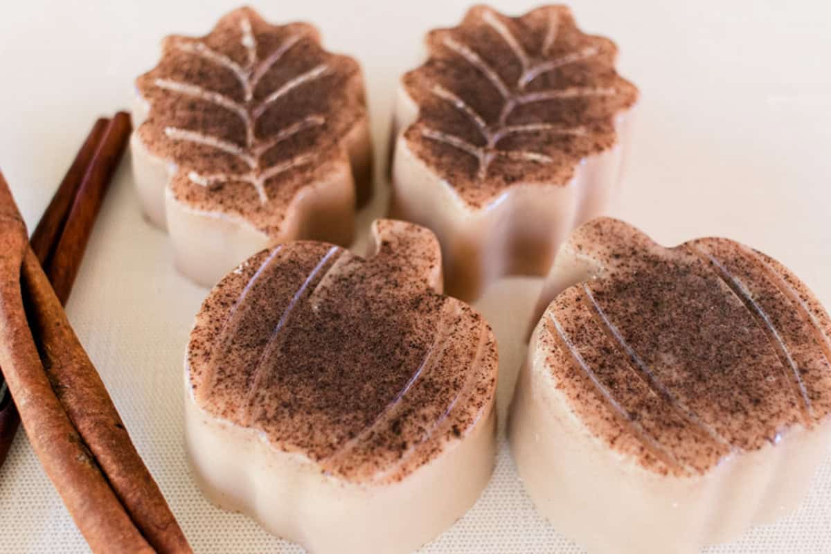 Pumpkin spice soap bars with cinnamon sticks.