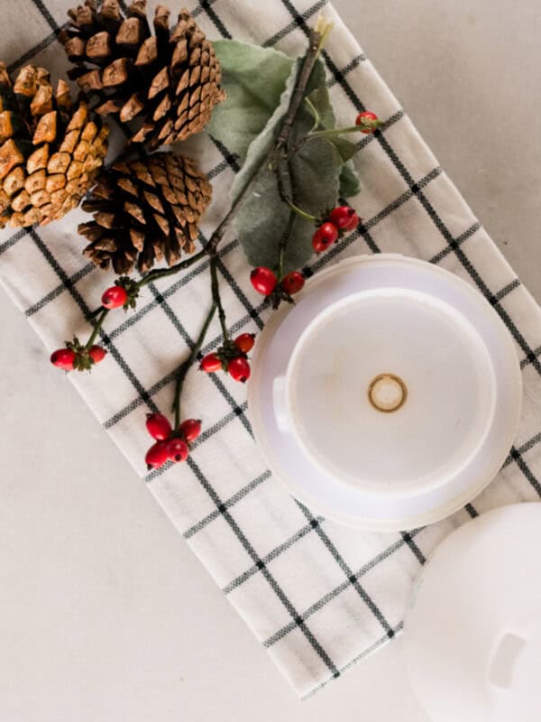Looking down on a diffuser, red berries, and pinecones on a plaid towel.