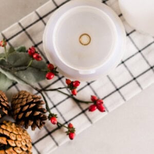 Looking down on a diffuser, red berries, and pinecones on a plaid towel.