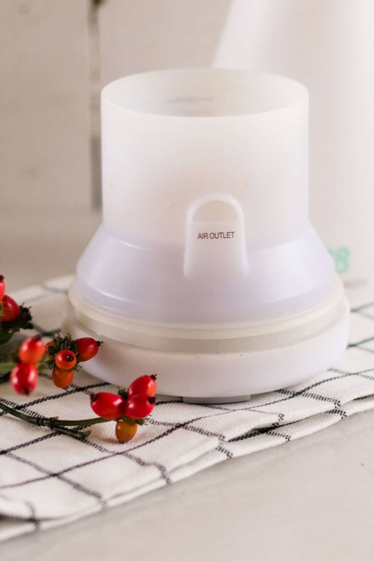 A diffuser with red berries on a plaid towel.