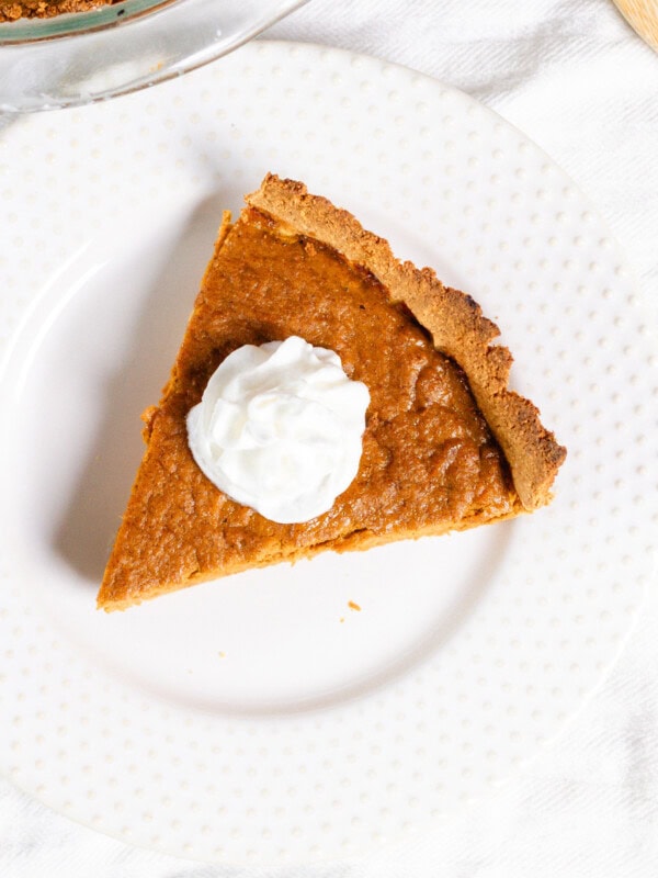 A slice of gluten-free pumpkin pie.