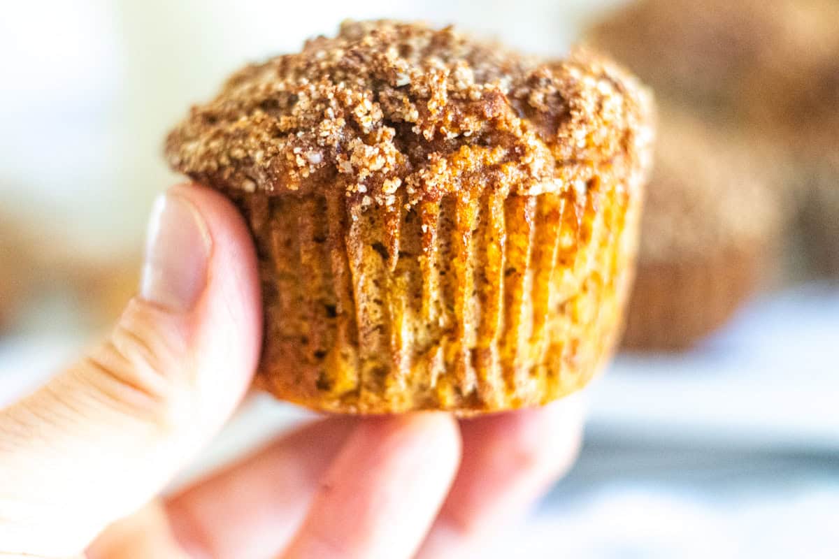 Homemade pumpkin muffin with cinnamon crumble.