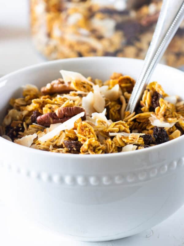 A bowl of homemade pumpkin granola.