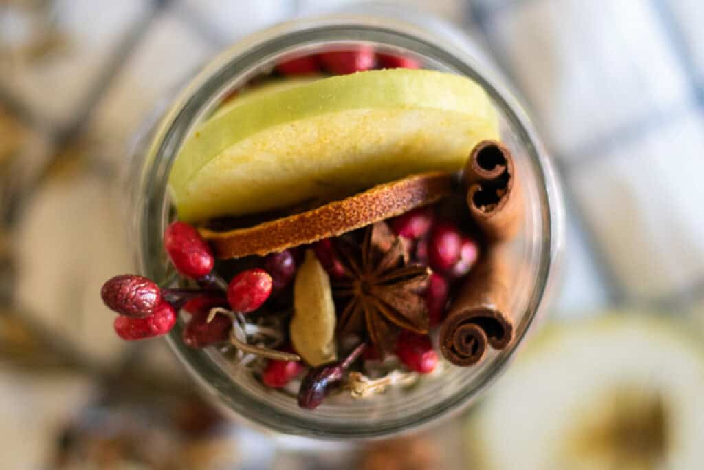 Looking down on a jar of Thanksgiving potpourri.
