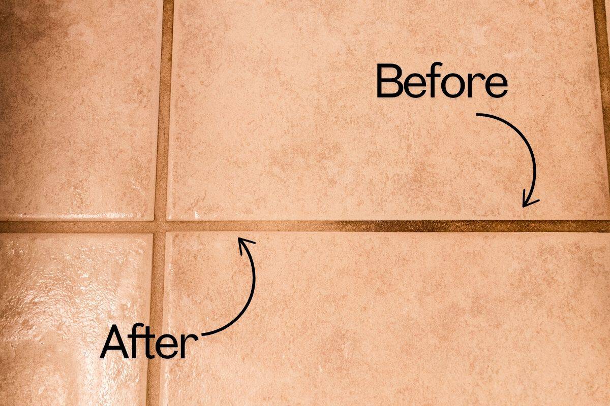 A before and after image of grout before and after being cleaned. The grout is whiter and visibly clean after.