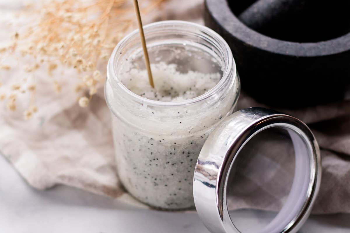 A jar of dead sea salt scrub.