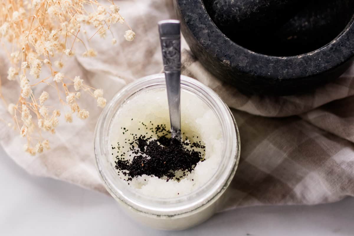 Poopy seeds in a jar of sea salt scrub.