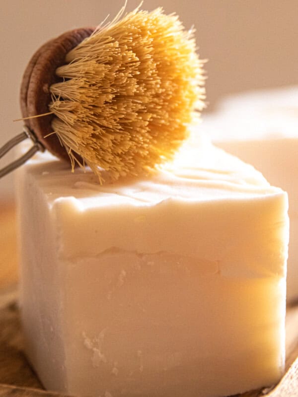 A bar of cold process dish soap with a scrub brush on it.