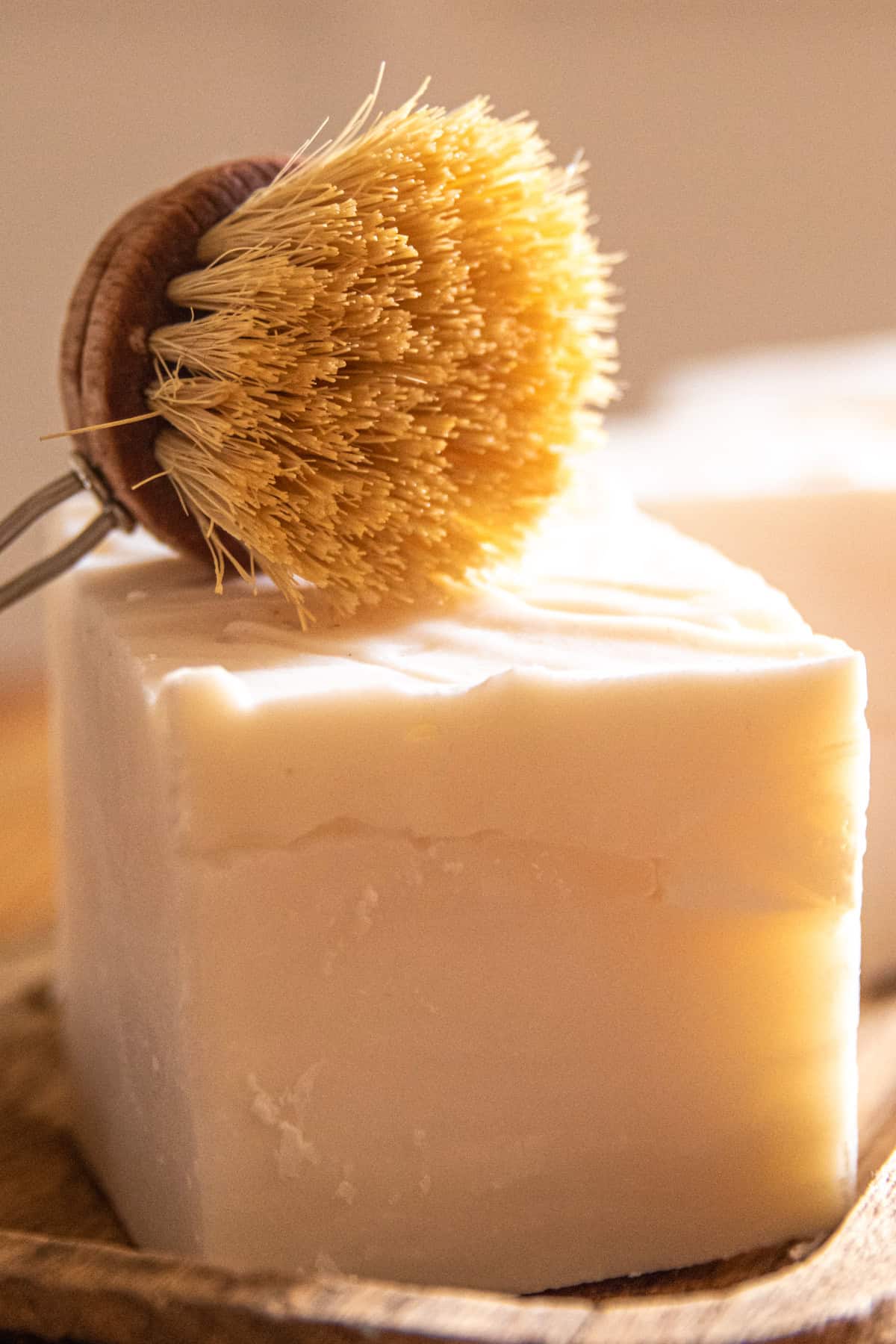 A bar of cold process dish soap with a scrub brush on it.
