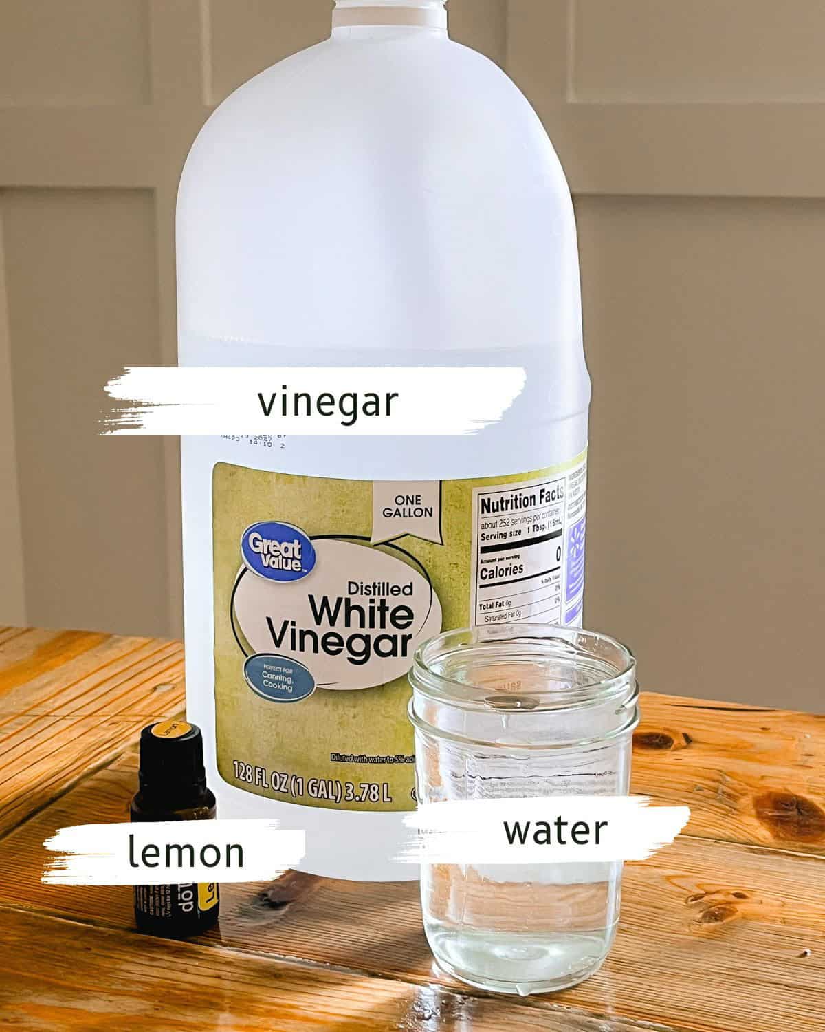 All-purpose cleaner ingredients labeled on a kitchen table.