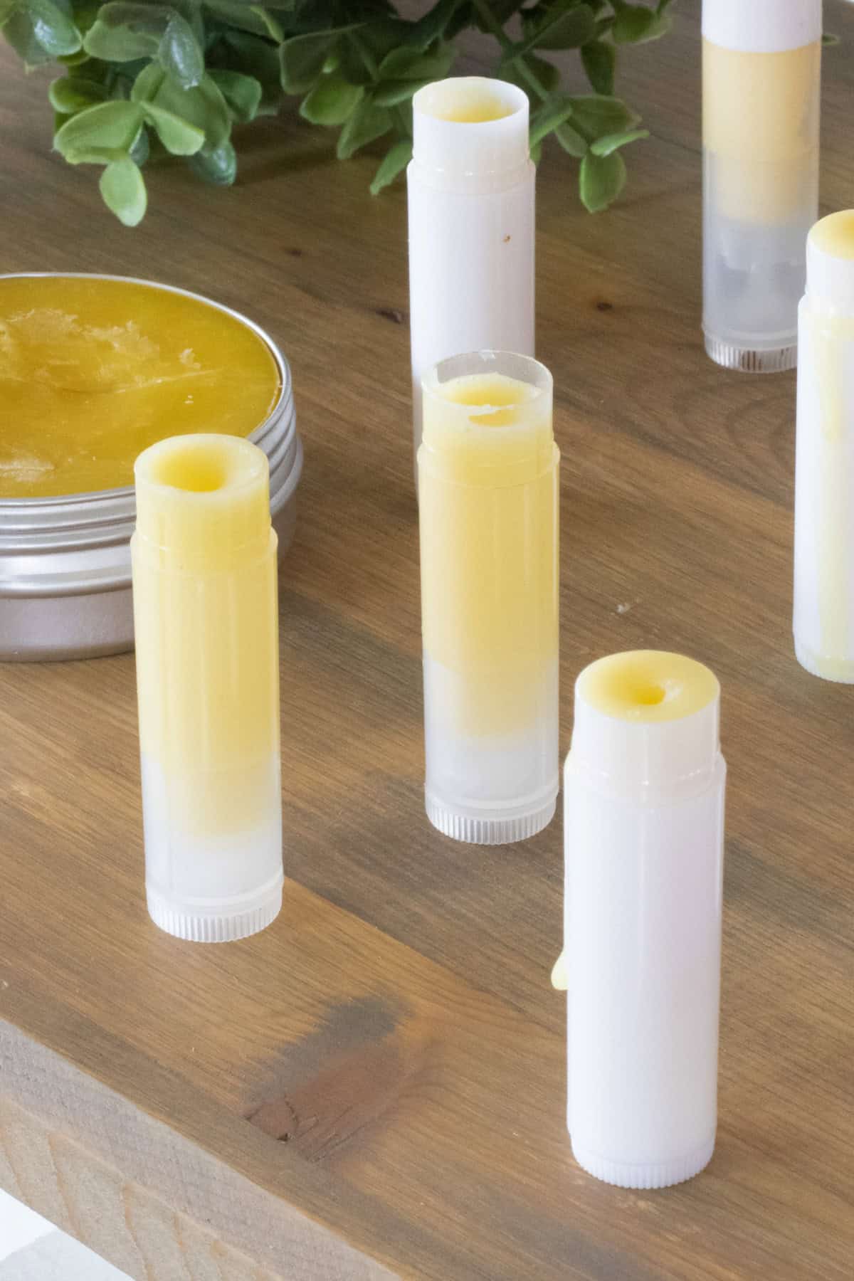 Several tubes of homemade anti itch cream sitting on a wooden table while the ingredients harden. 