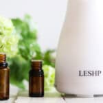 A diffuser with green flowers and bottles of essential oils.