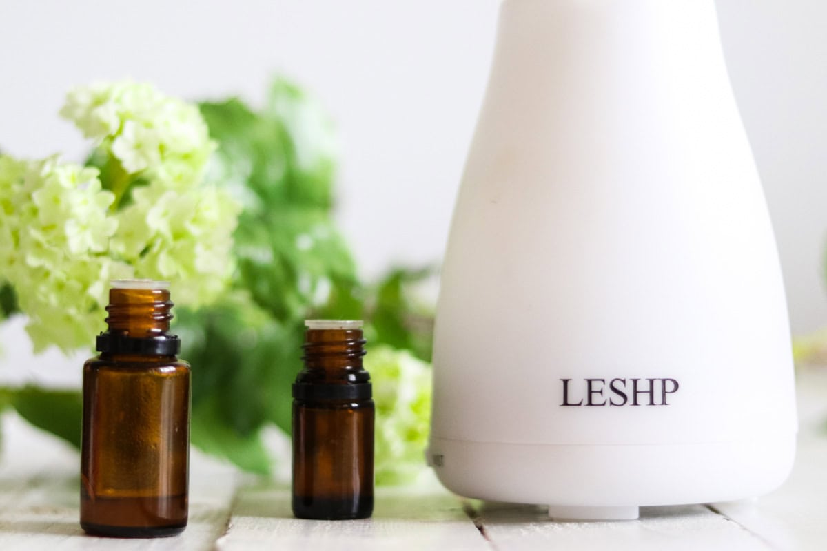 A diffuser with green flowers and bottles of essential oils.