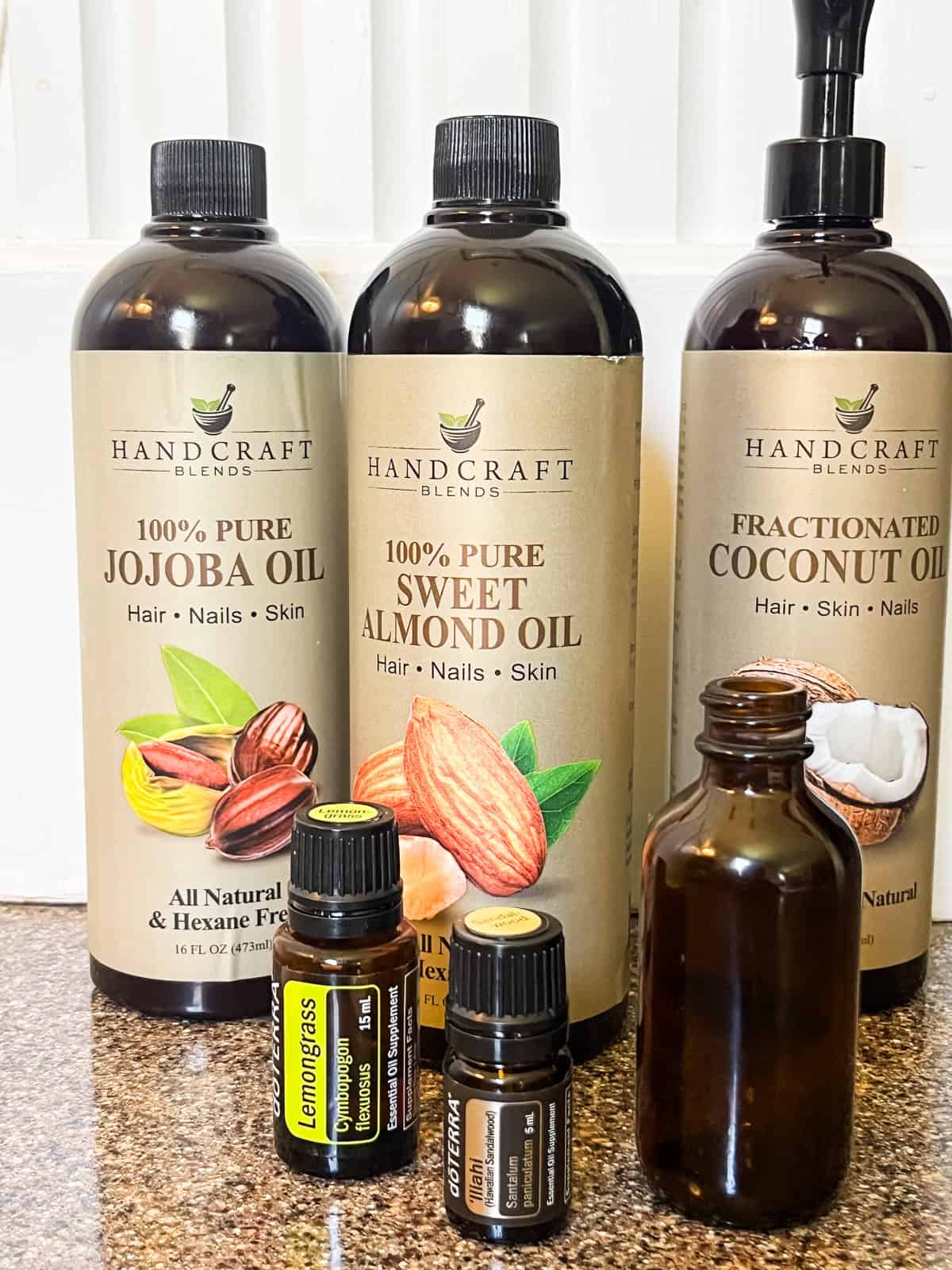 Homemade beard oil ingredients.