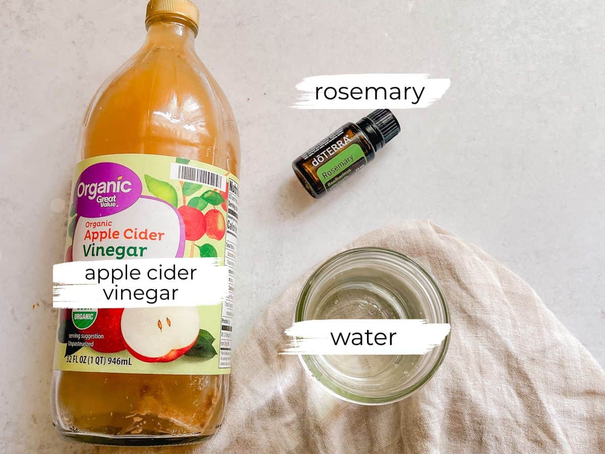 Apple cider vinegar hair rinse ingredients on a white background with labels.
