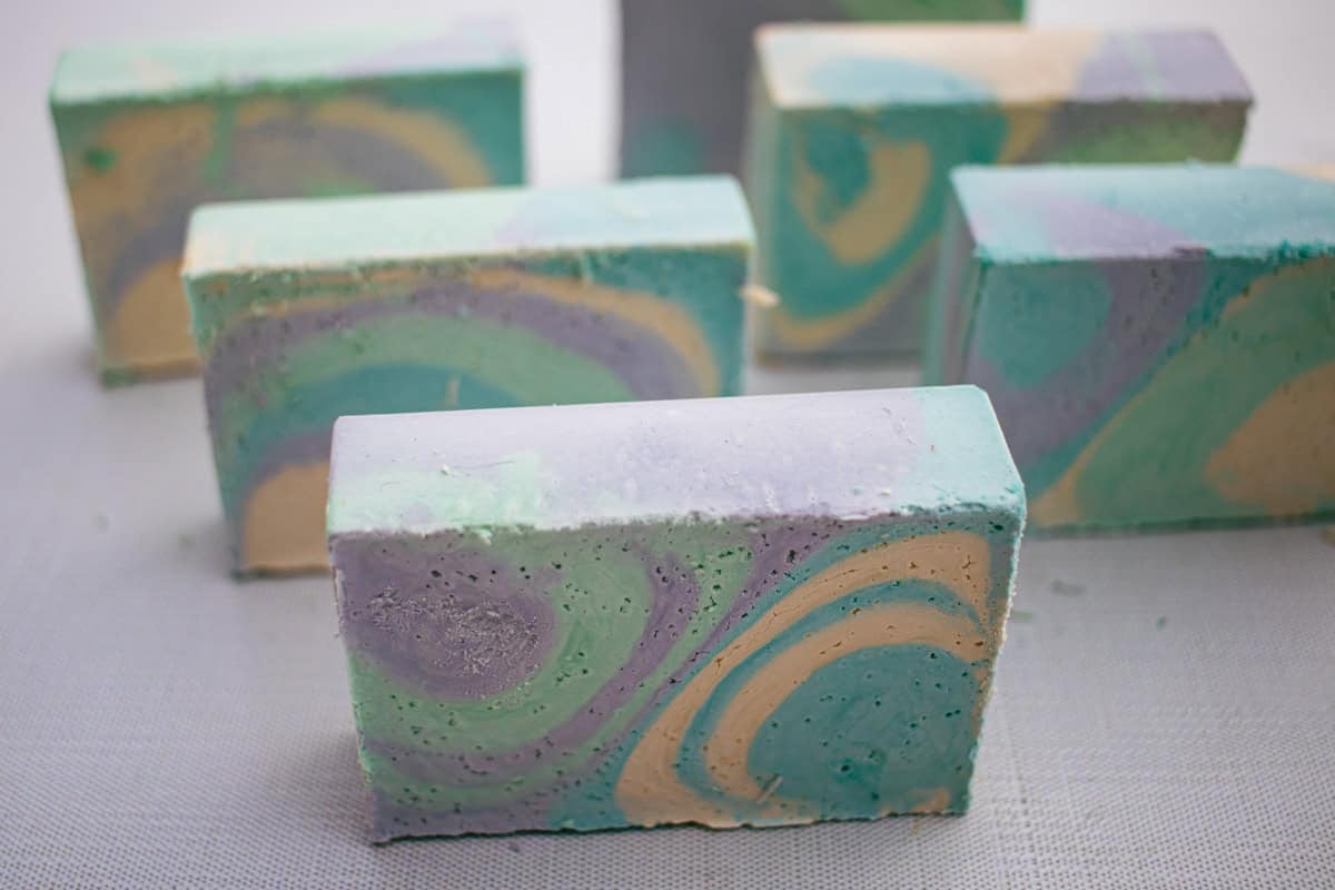 Olive oil soap bars standing up to cure.