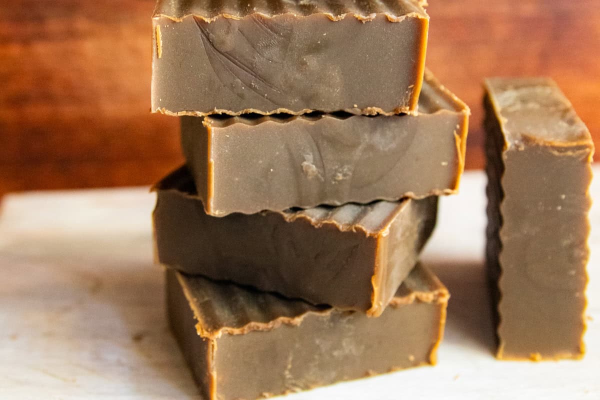 A stack of homemade pine tar soap.