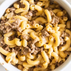 A white bowl filled with gluten-free hamburger helper.