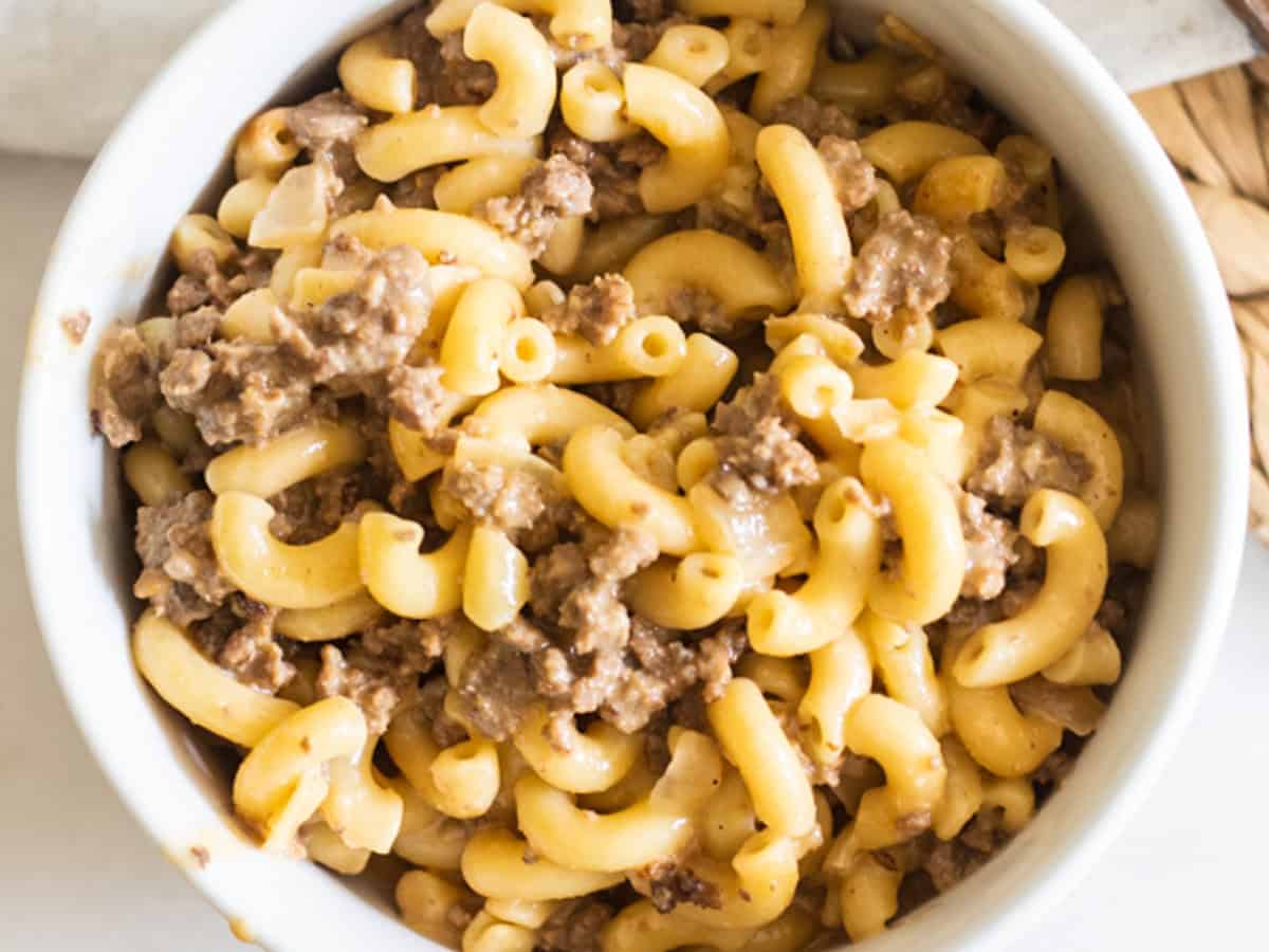 A white bowl filled with gluten-free hamburger helper.