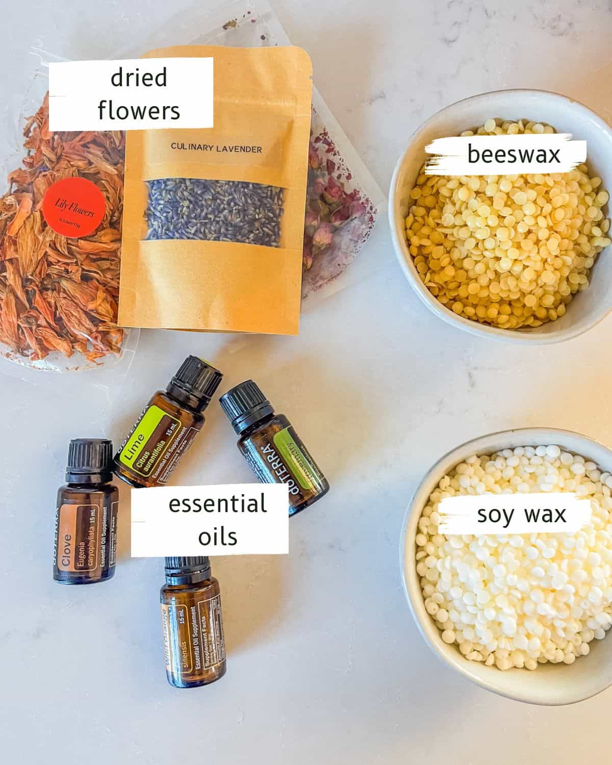 Ingredients with labels for making wax air fresheners.