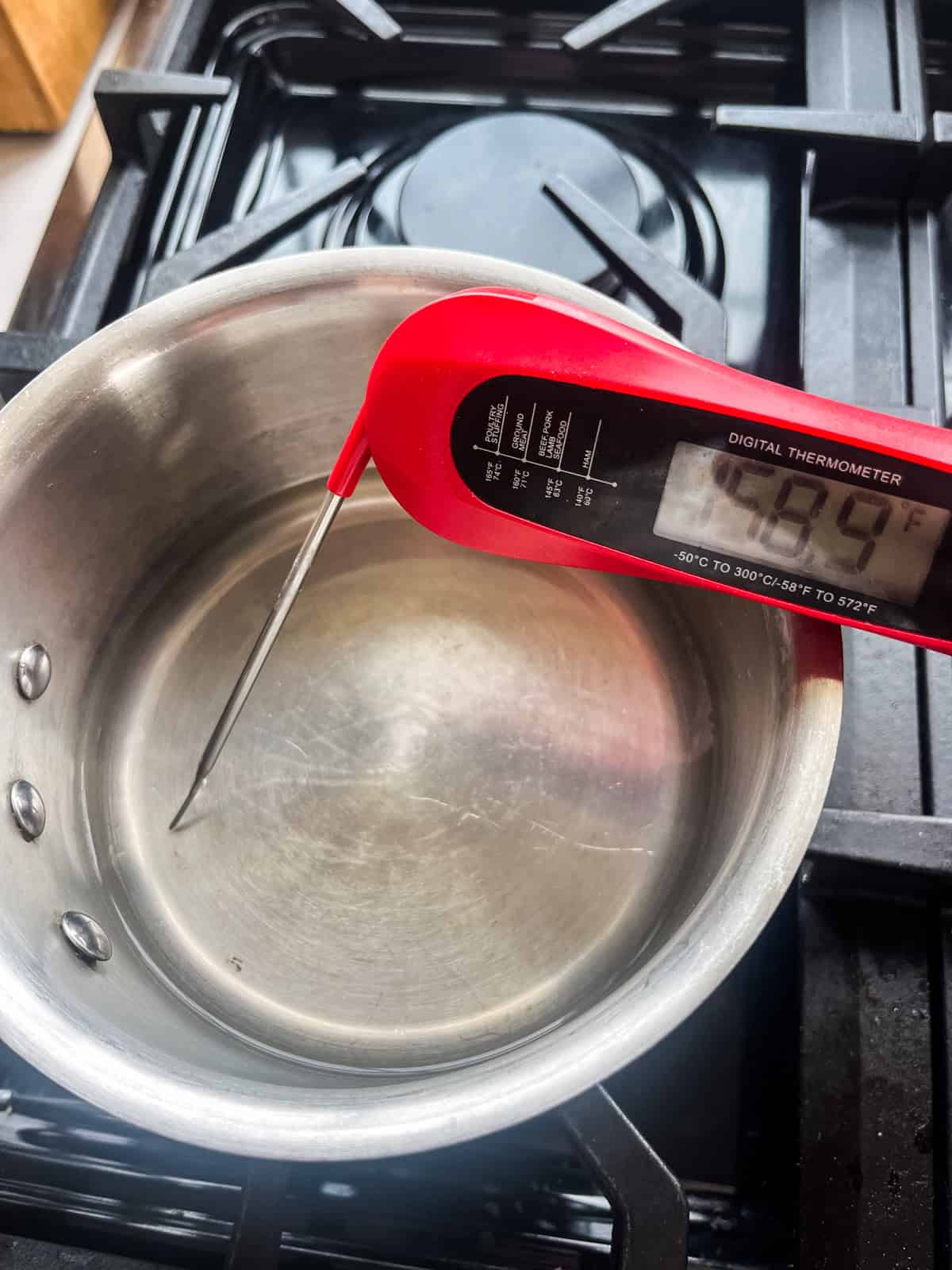 Testing the temperature of a pot of water with an instant thermometer.