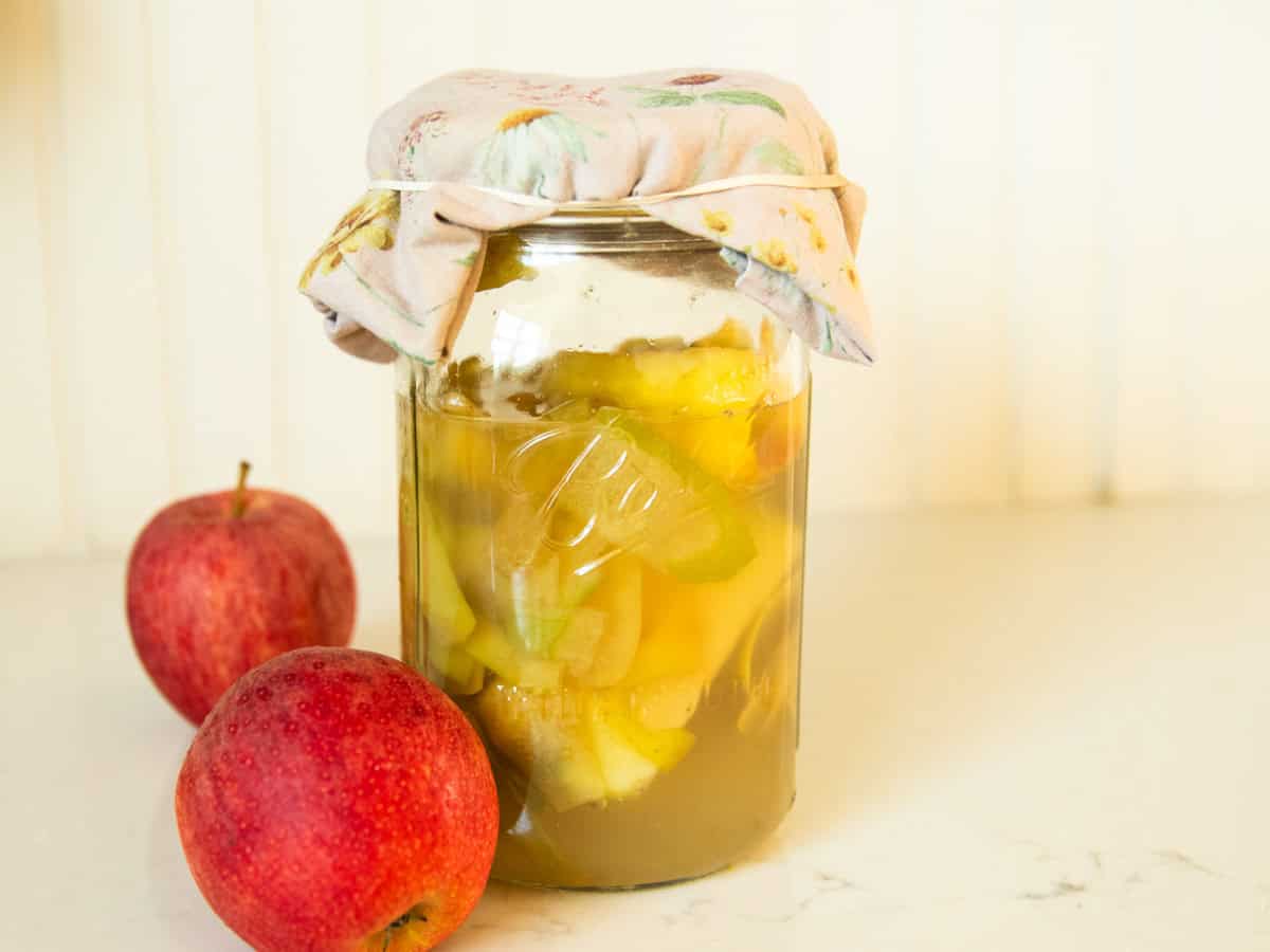 A jar of homemade apple cider vinegar with apples next to it.