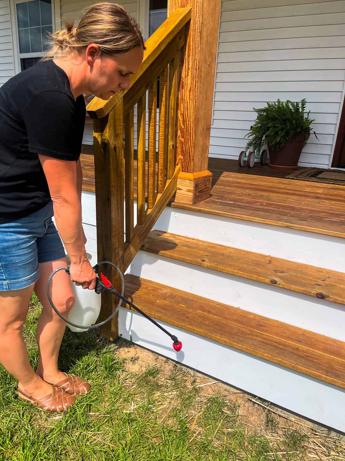 Spraying a patch of weeds next to a porch with a pump weed sprayer.