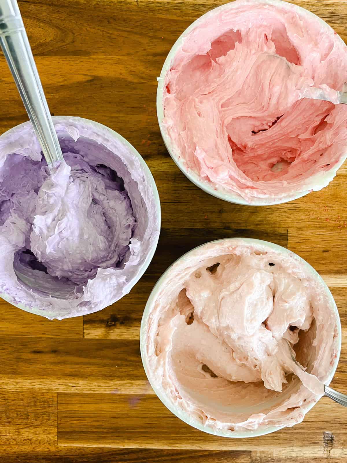 Mixed Foaming sugar soap in three different-colored bowls.