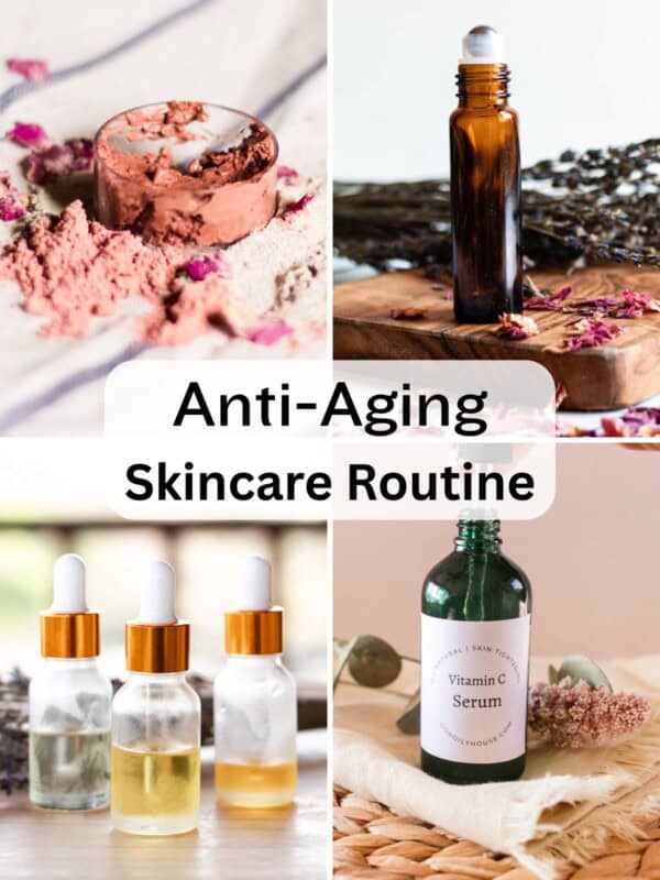 Anti-Aging Skincare Routine with 4 anti-aging product photos.