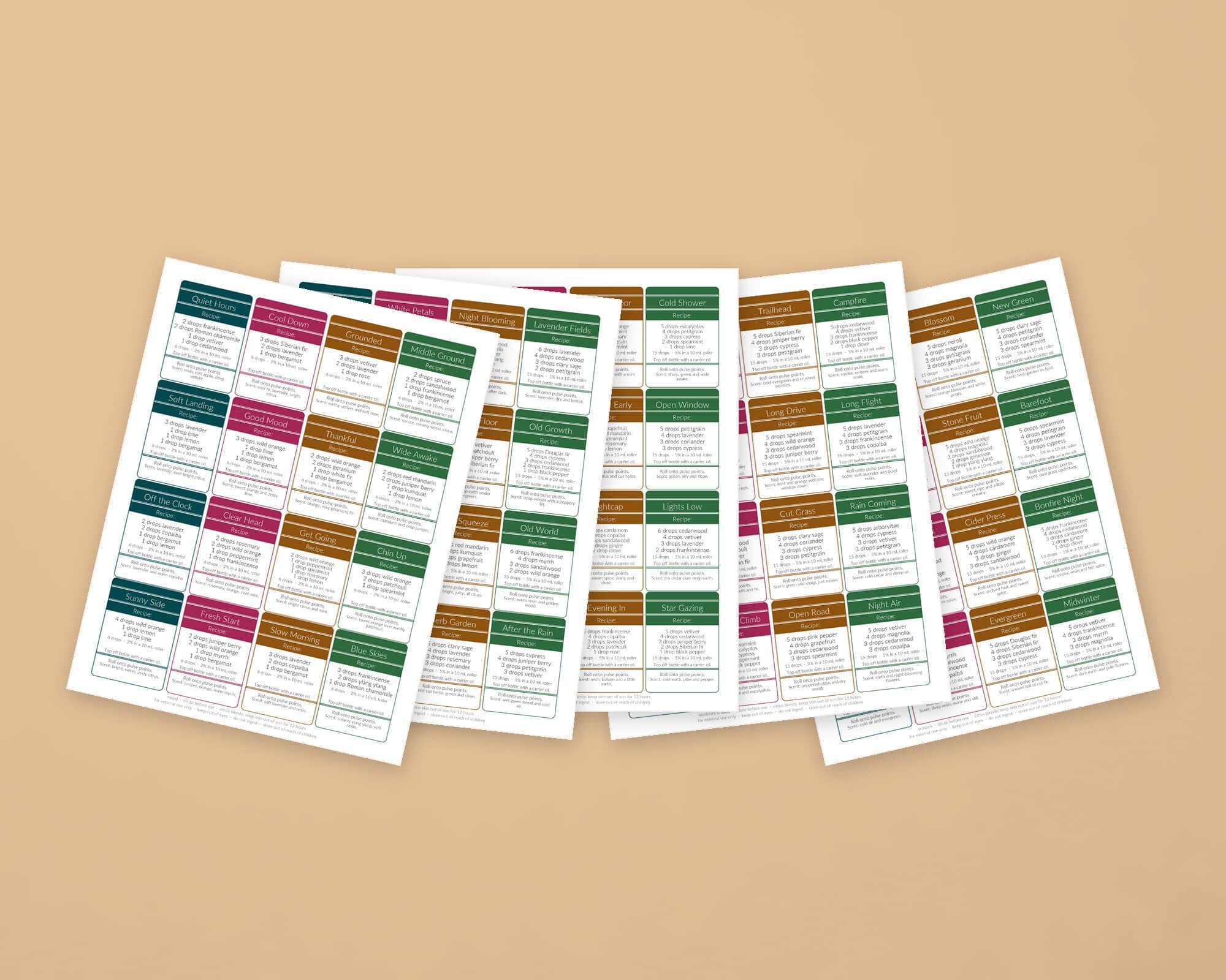 Six printable essential oil roller bottle recipe pages fanned out on a tan background.