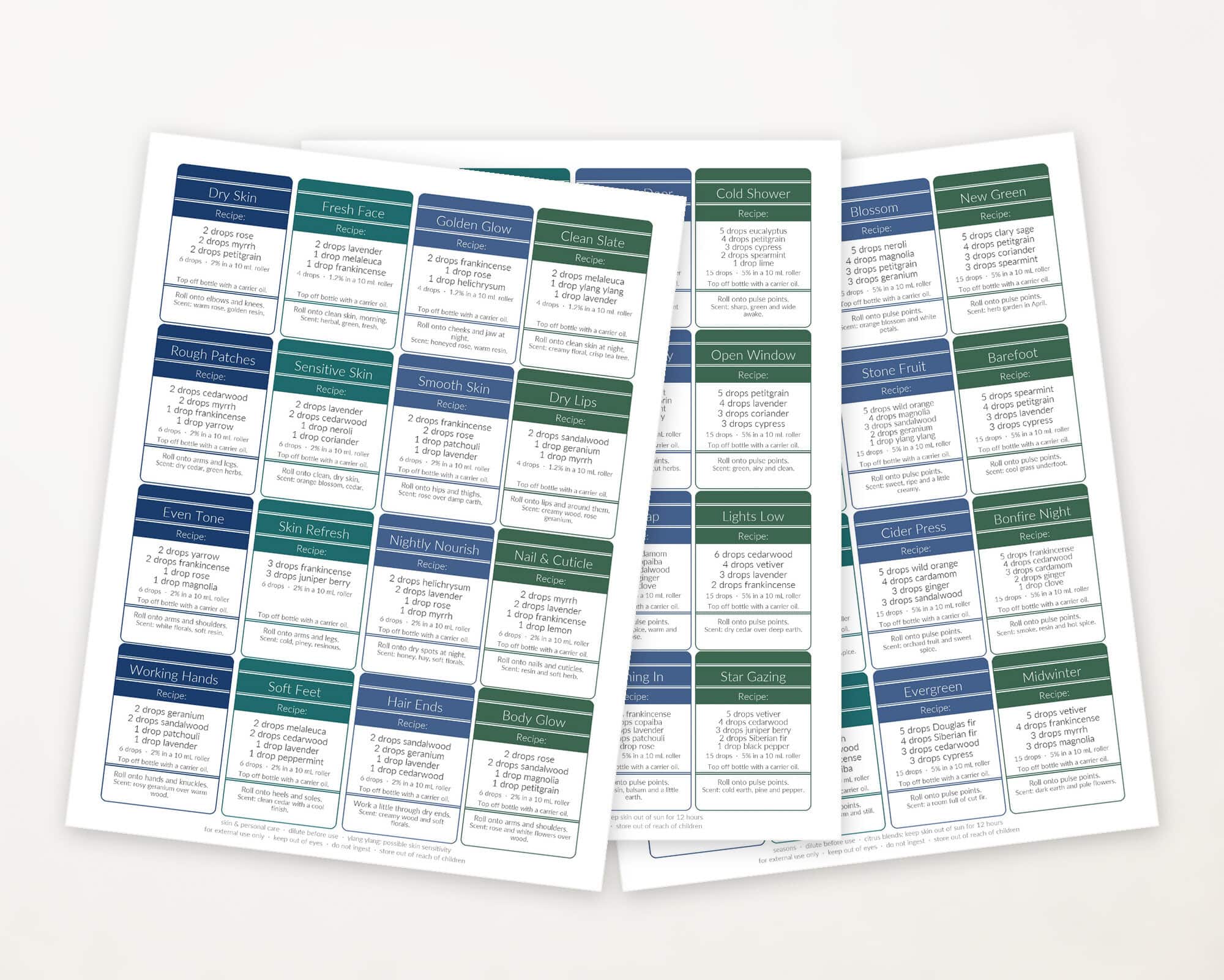 Printable essential oil roller bottle labels with the recipe printed on every label.
