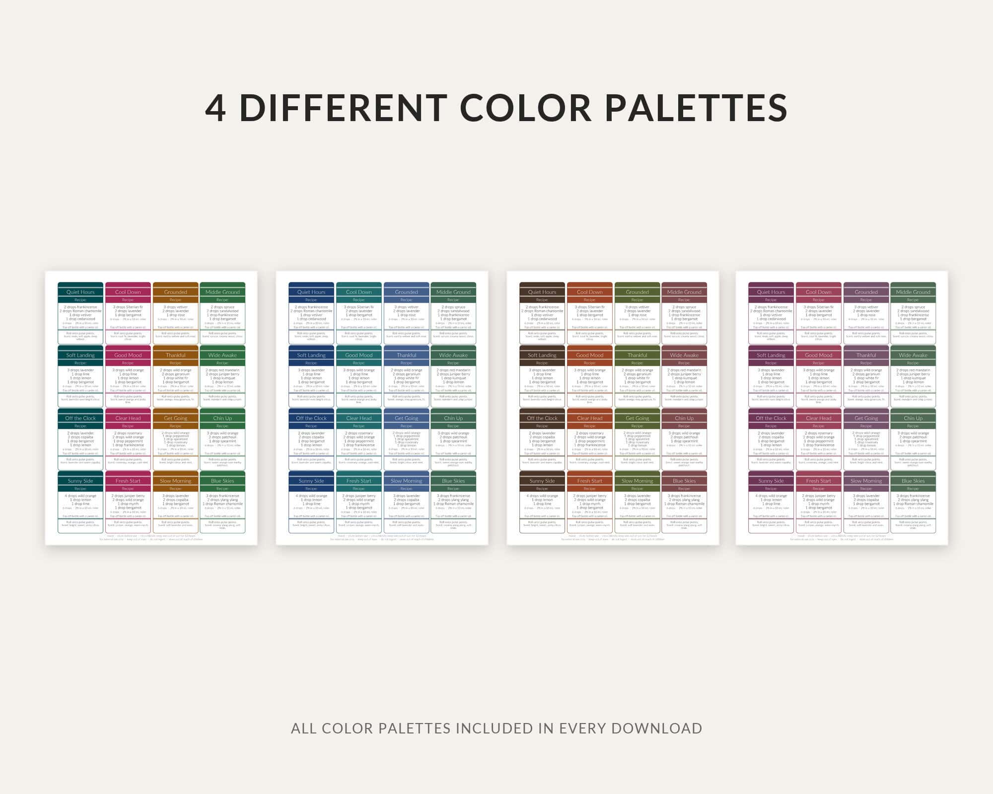 Essential oil roller bottle label printables shown in four different color palettes.