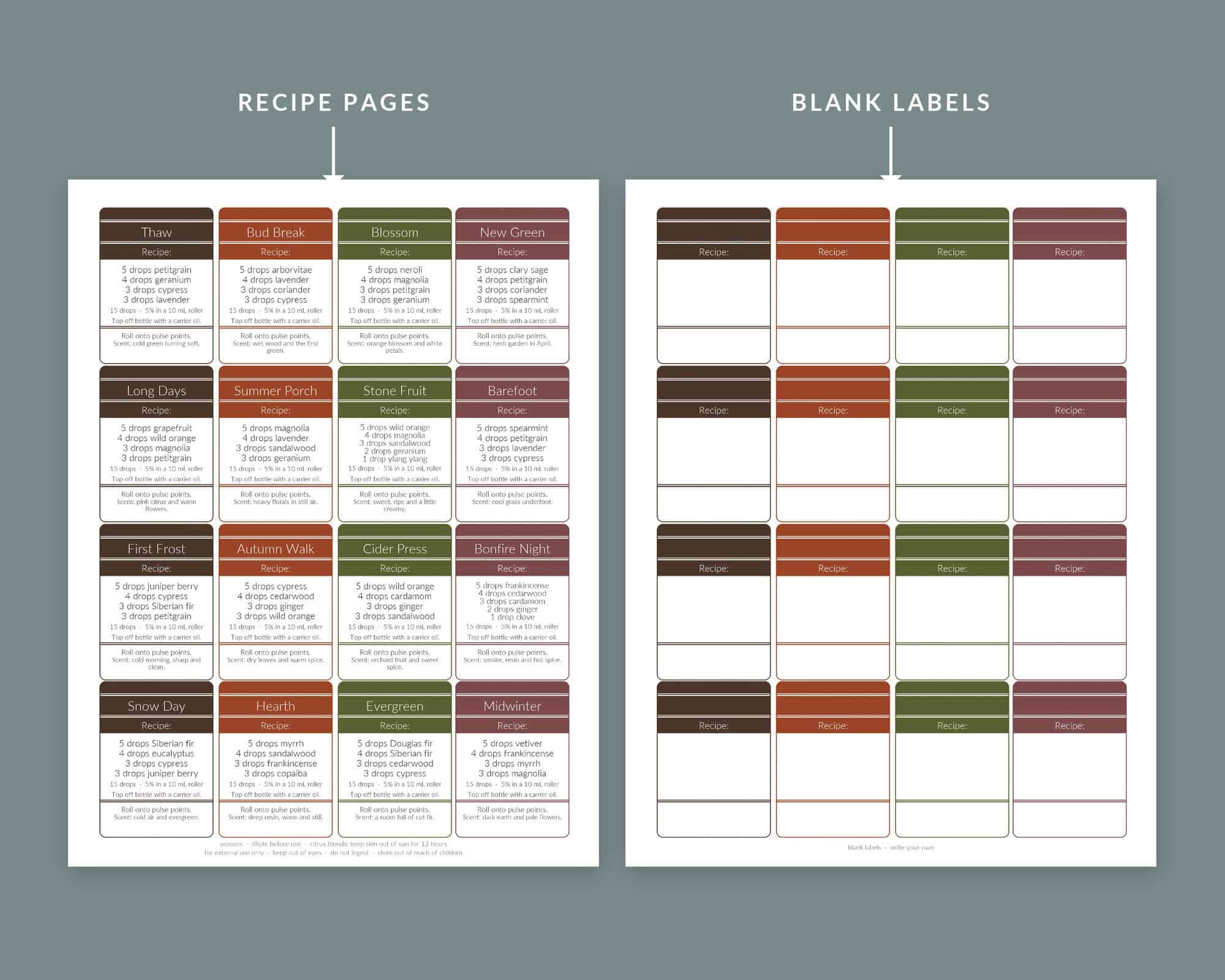 Printable essential oil roller bottle recipe pages next to a page of blank labels.